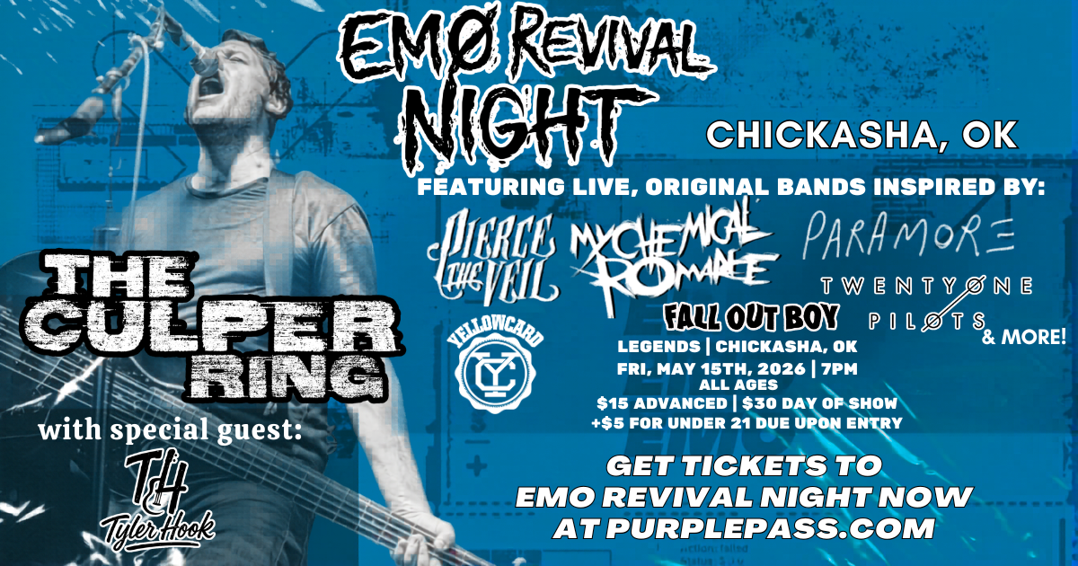 Event flyer for Emo Revival Night in Chickasha, OK, on May 10, 2024, featuring The Culper Ring and guest bands.