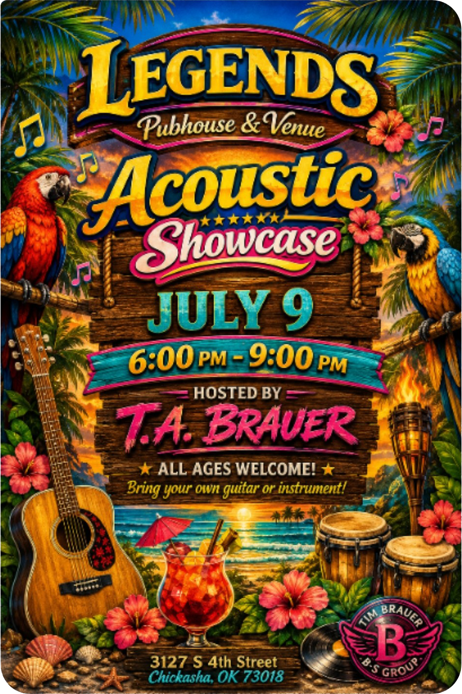 Colorful jungle-themed poster for Legends Acoustic Showcase, July 9, 6–9 PM, hosted by T. Brauer.