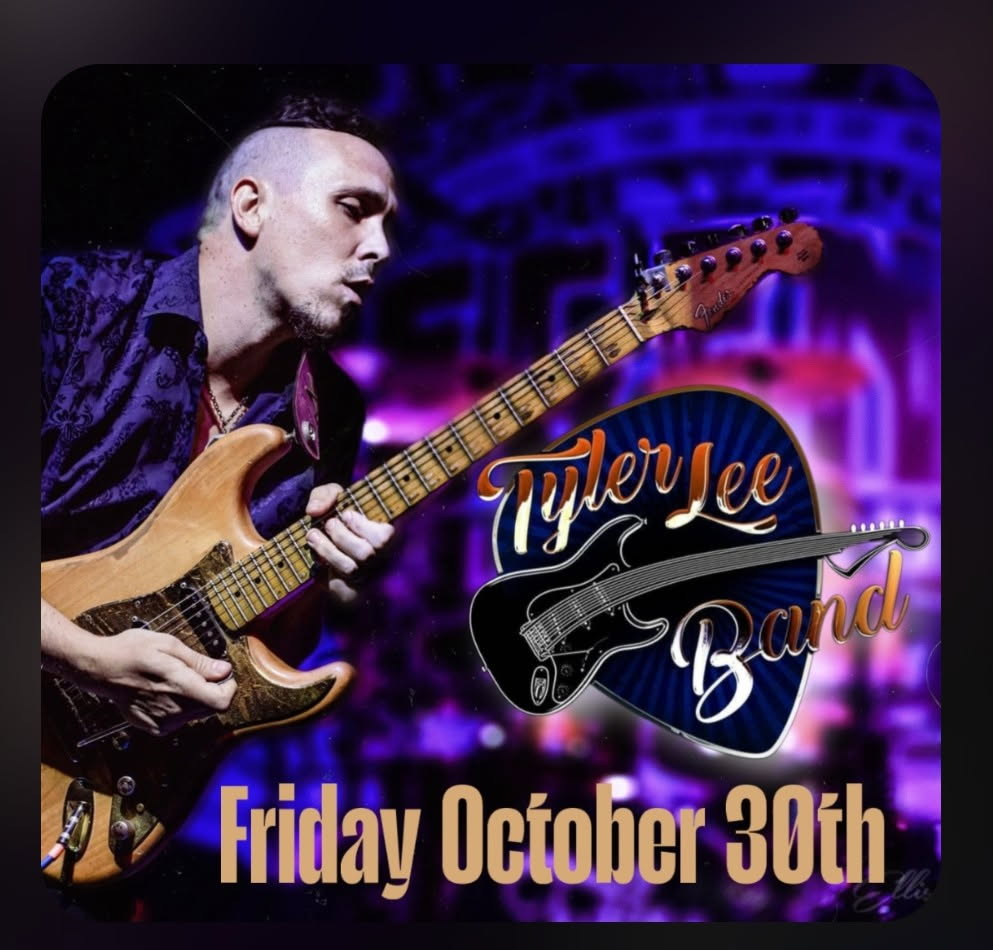 Tyler Lee Band guitarist in purple lights with Friday, October 30th event text