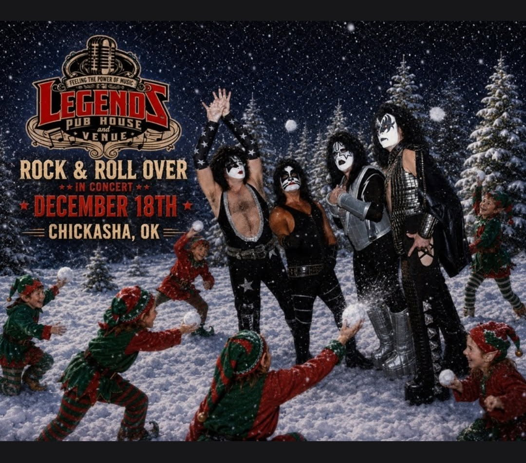 KISS-style band posing in snow beside “Legends Rock & Roll Over” concert poster for December 18 in Chickasha, OK
