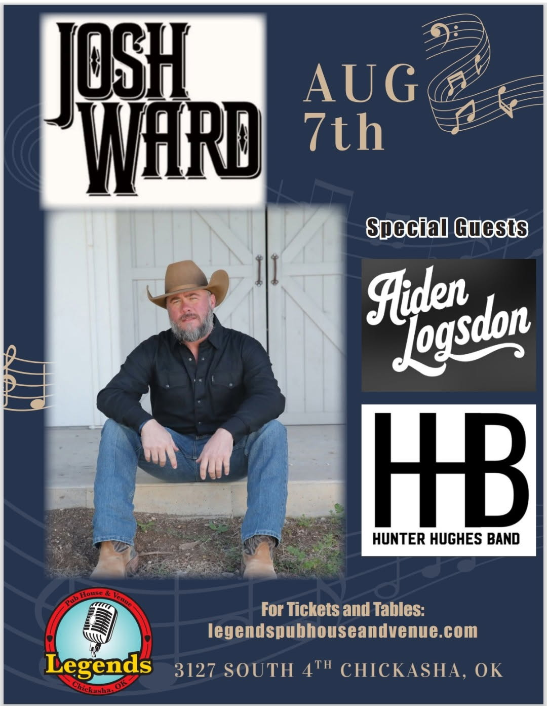 Concert poster for Josh Ward, Aug. 7, with Haden Loydson and HB, seated cowboy photo on dark blue background