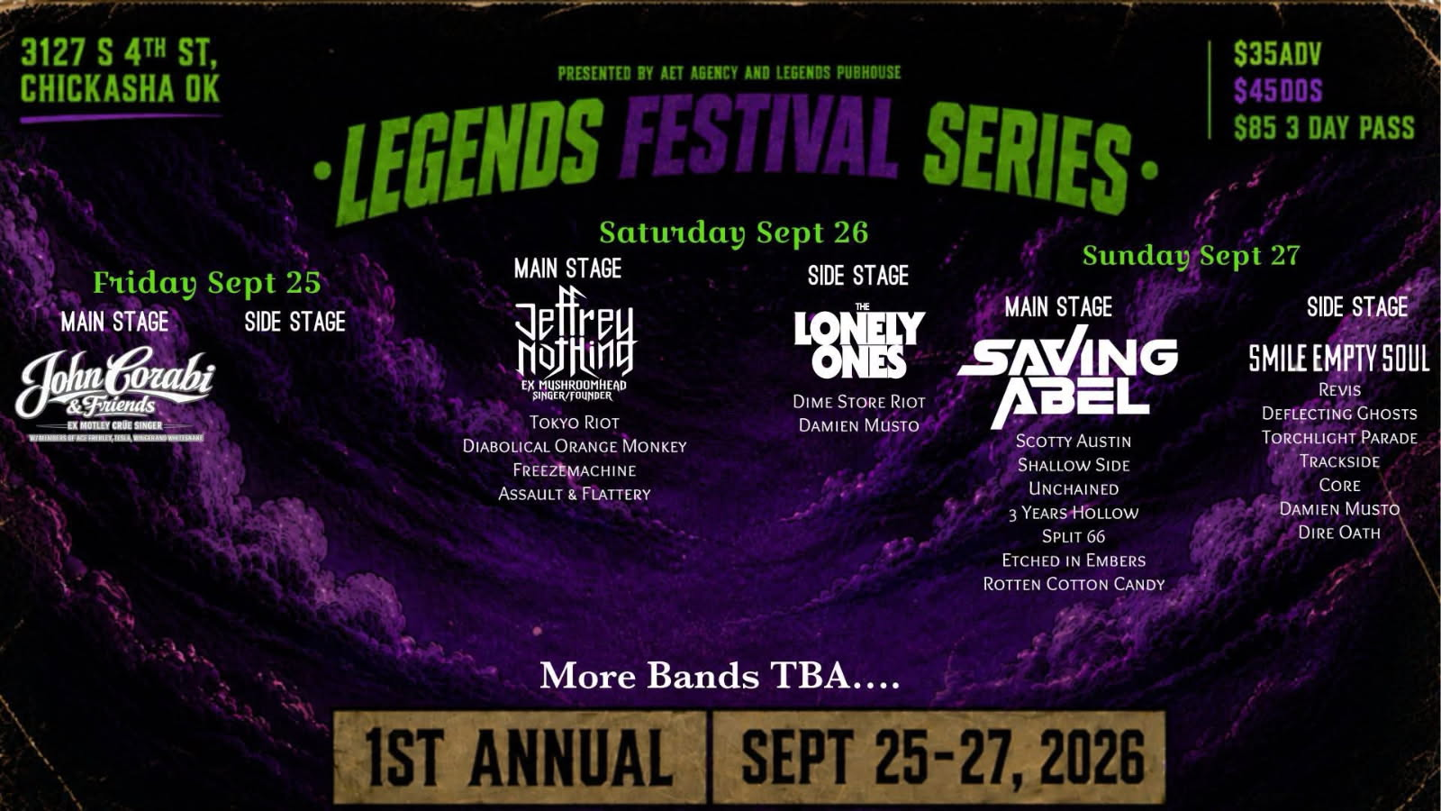 LEGENDS FESTIVAL SERIES - 3 DAY MUSIC FESTIVAL
Date: September 25th - 27th, 2026
Doors Open: Friday 04:00 PM
Sat. & Sun. 01:00 PM
Show Starts: Friday 04:30 PM
Sat. & Sun. 01:30 PM