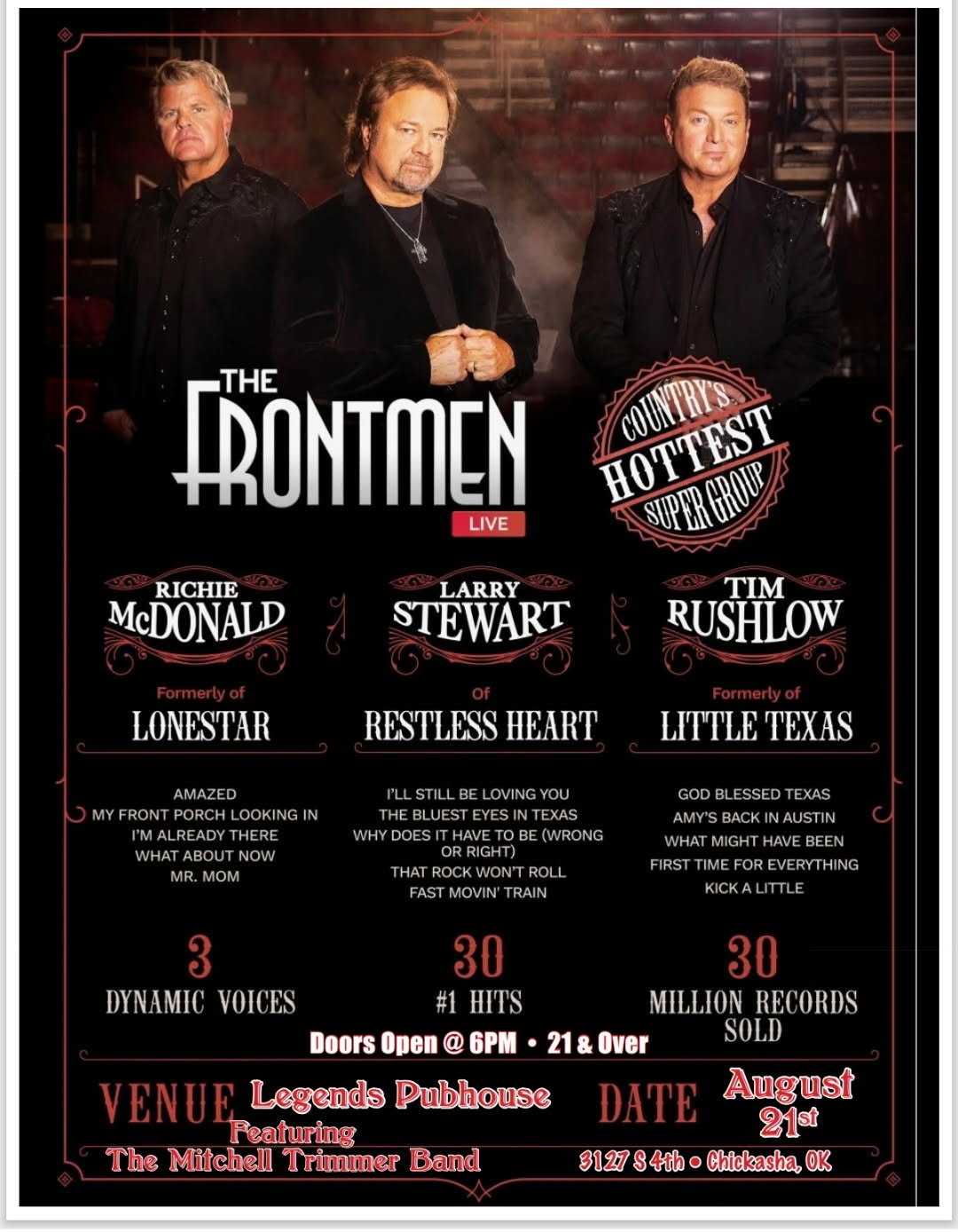 Concert poster for The Frontmen, featuring three performers in dark attire with venue, date, and ticket details.