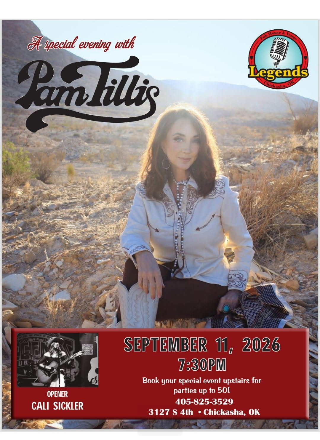 Pam Hills tribute poster with a woman seated outdoors, event details, and Fall School date banner