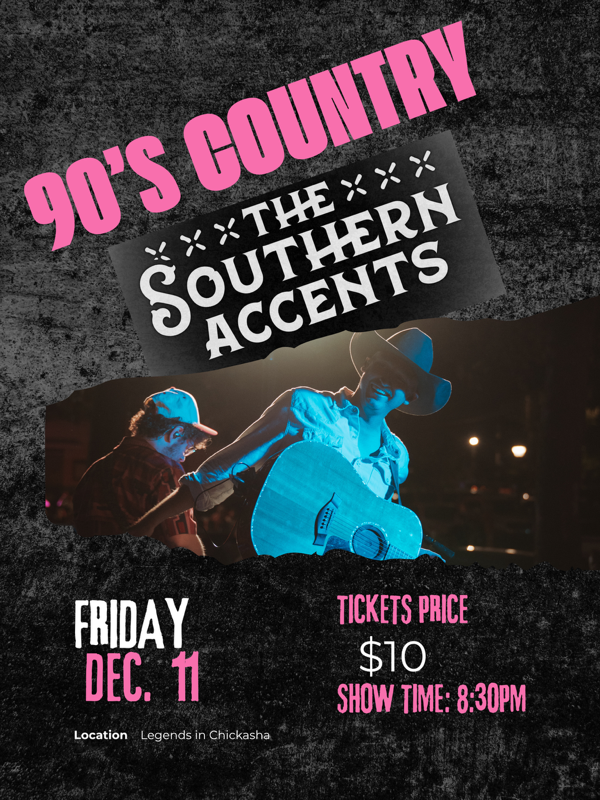 90s country concert poster for The Southern Accents, Friday Dec. 11, tickets $10, 8:30 PM, blue-lit stage scene