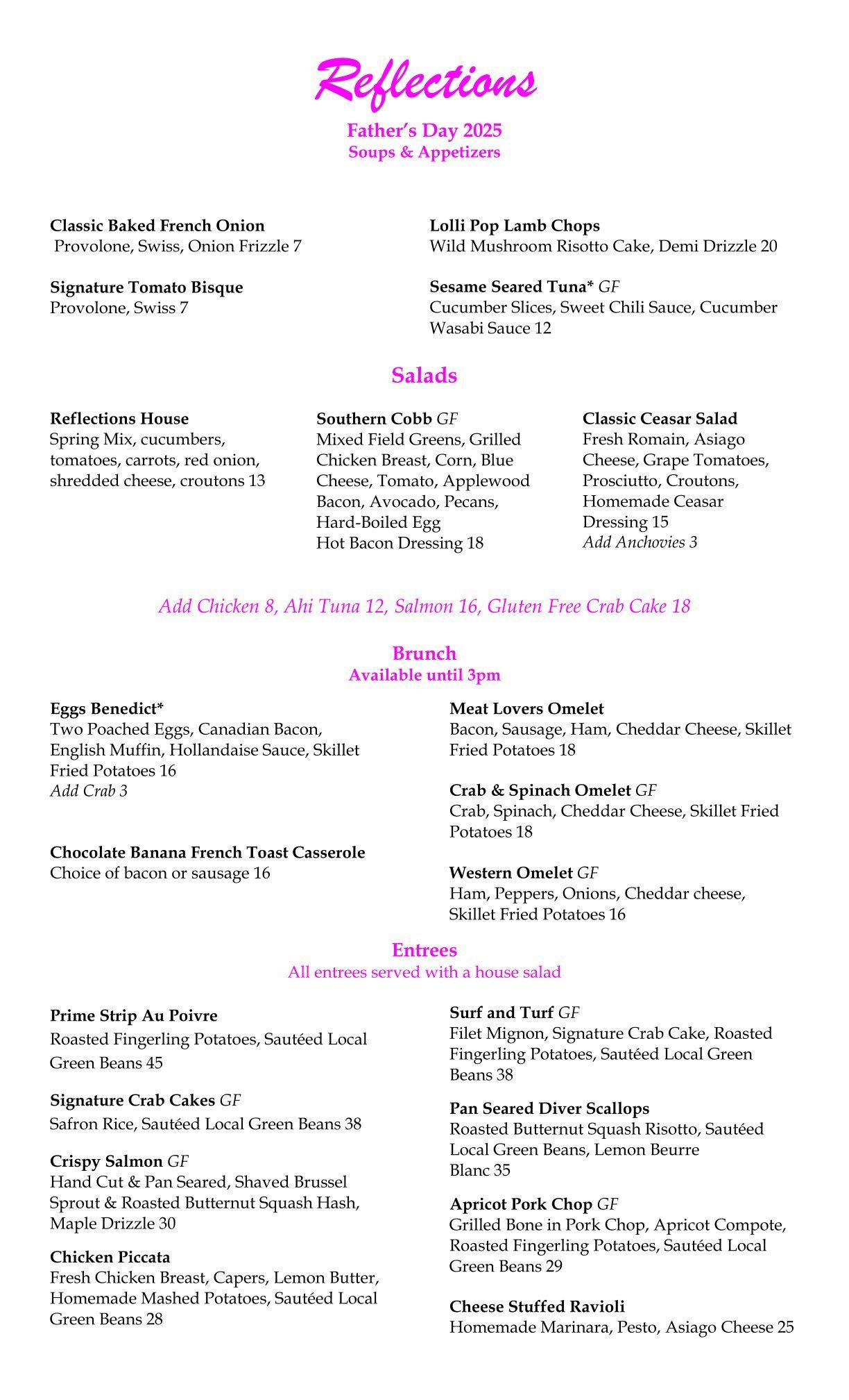 Reflections Father's Day 2025 Menu