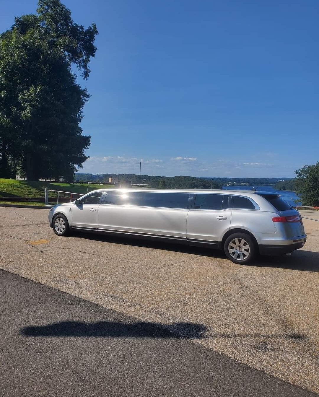 A silver limousine is parked on the side of the road.