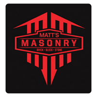 Red and black Matt's Masonry logo with stylized house and masonry text