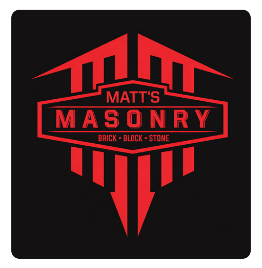 Red and black Matt&rsquo;s Masonry logo with brick, block, and stone text on a dark background