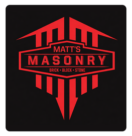 Red and black Matt&rsquo;s Masonry logo with brick, block, and stone text on a dark background