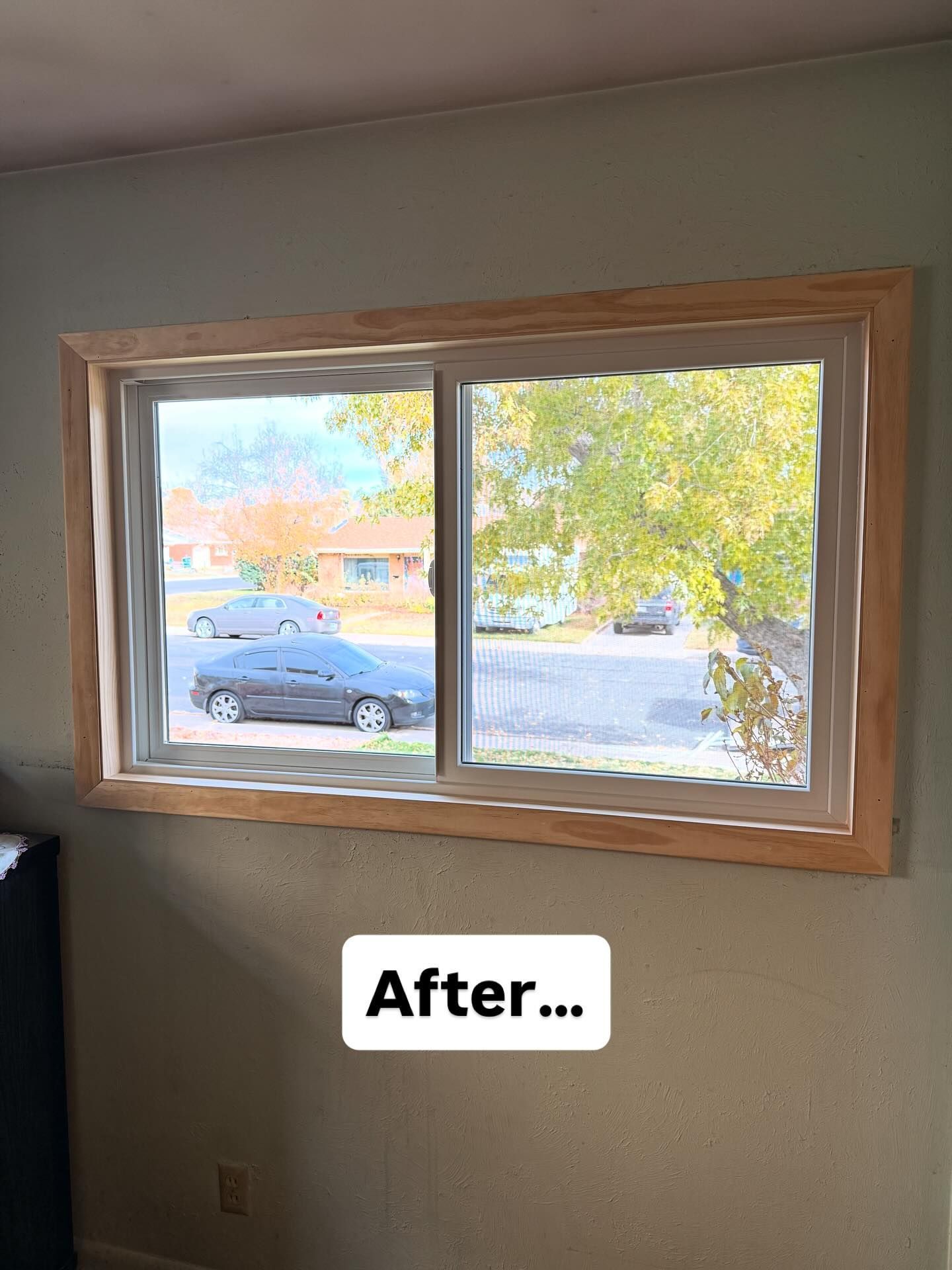 Newly trimmed window with a view of a street and parked cars