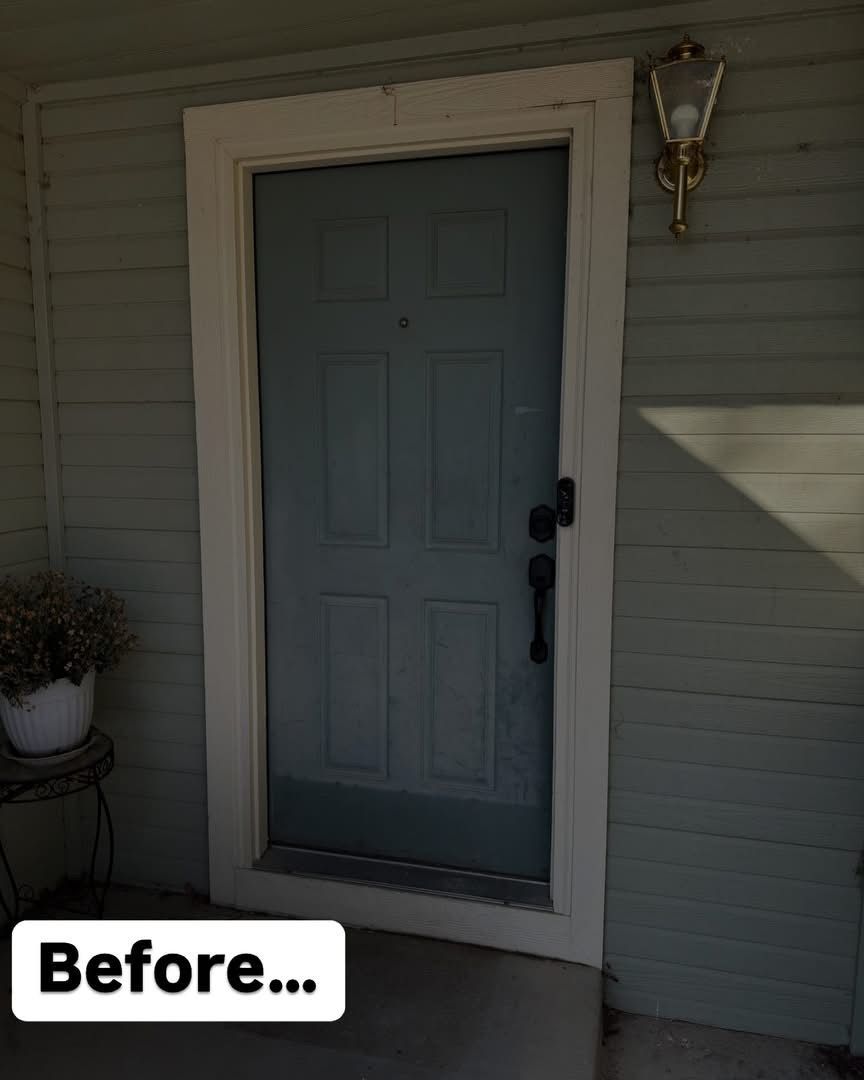 A before picture of a blue door with white trim