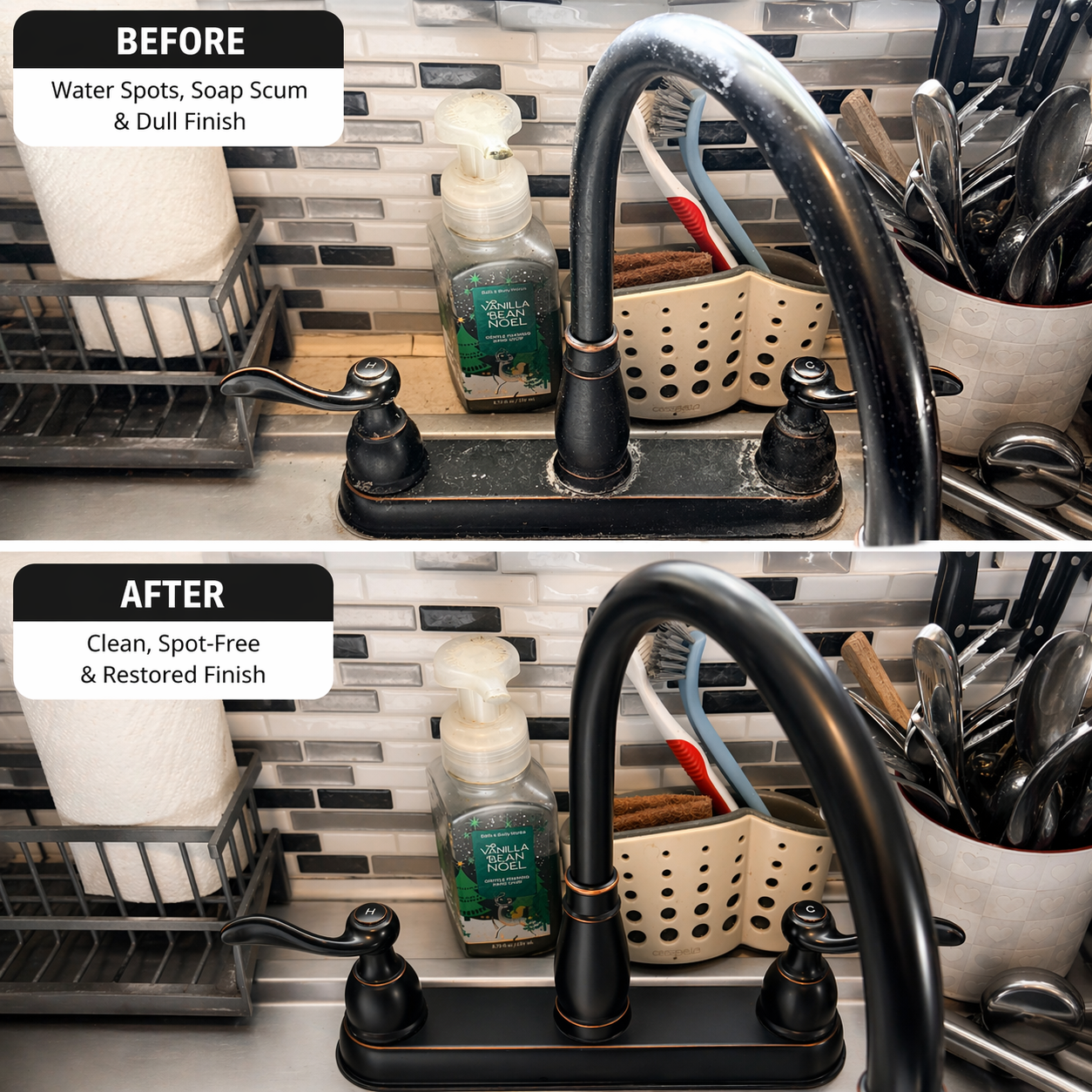 Before-and-after kitchen sink faucet setup, showing a sink rack and black faucet assembly.