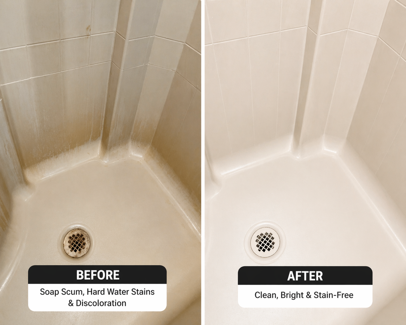 Before-and-after shower stall cleaning; left stained, right clean and bright.