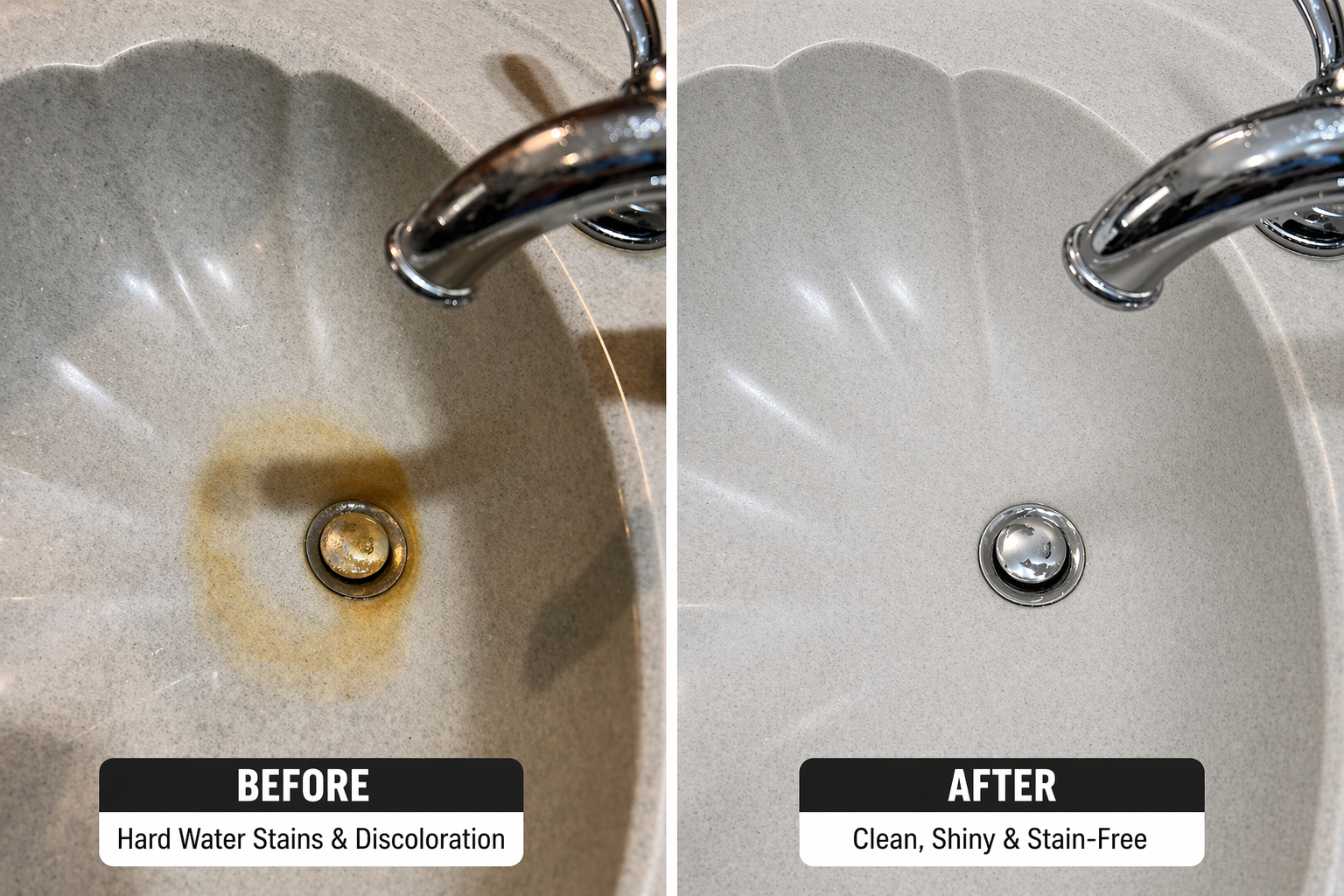 Before-and-after of a white sink drain: stained and dirty, then clean and shiny.