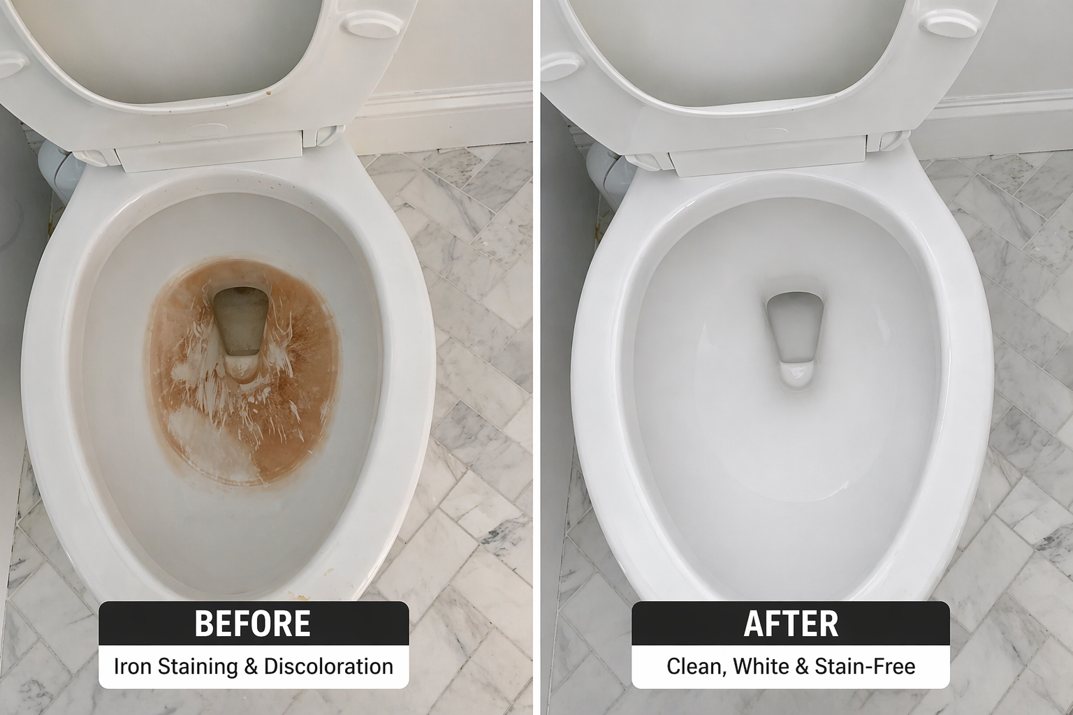 Side-by-side toilet bowl before-and-after: stained bowl with iron discoloration, then clean white bowl.