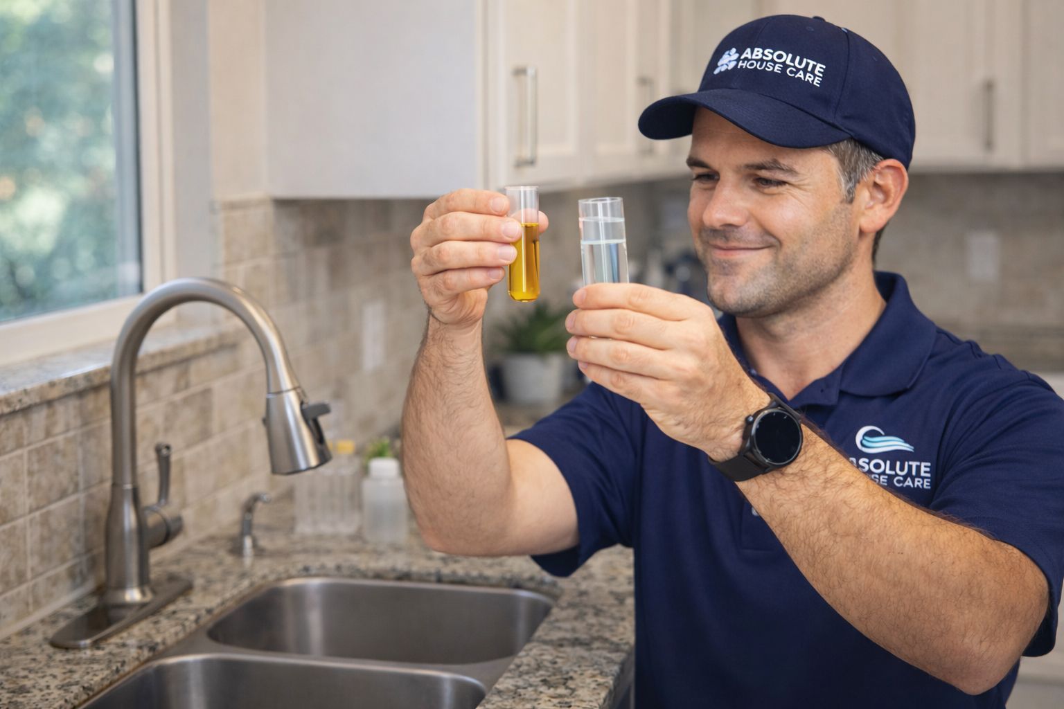 A professional in a kitchen holds up two small vials to compare a yellow liquid to a clear one