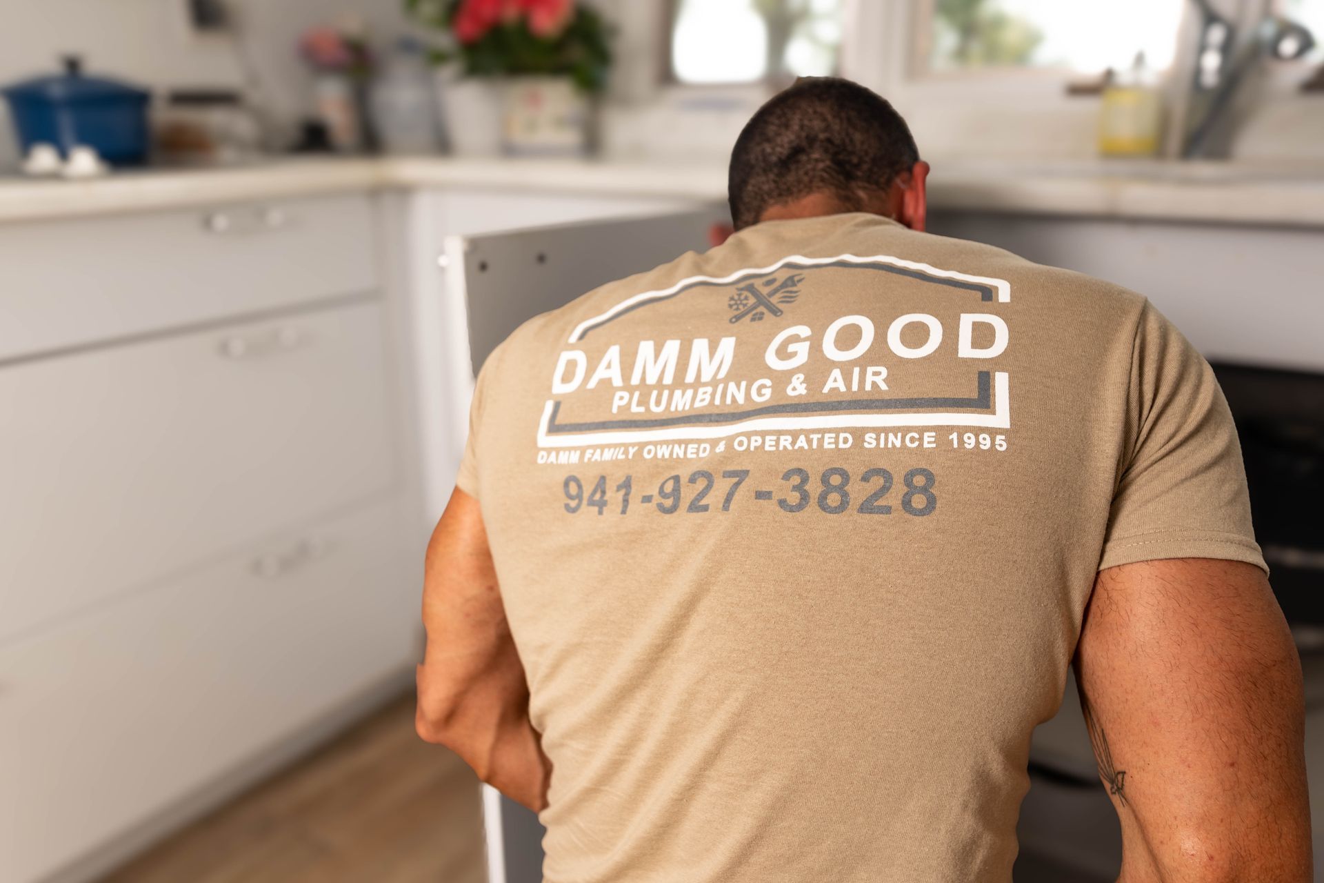 Man in tan shirt with 