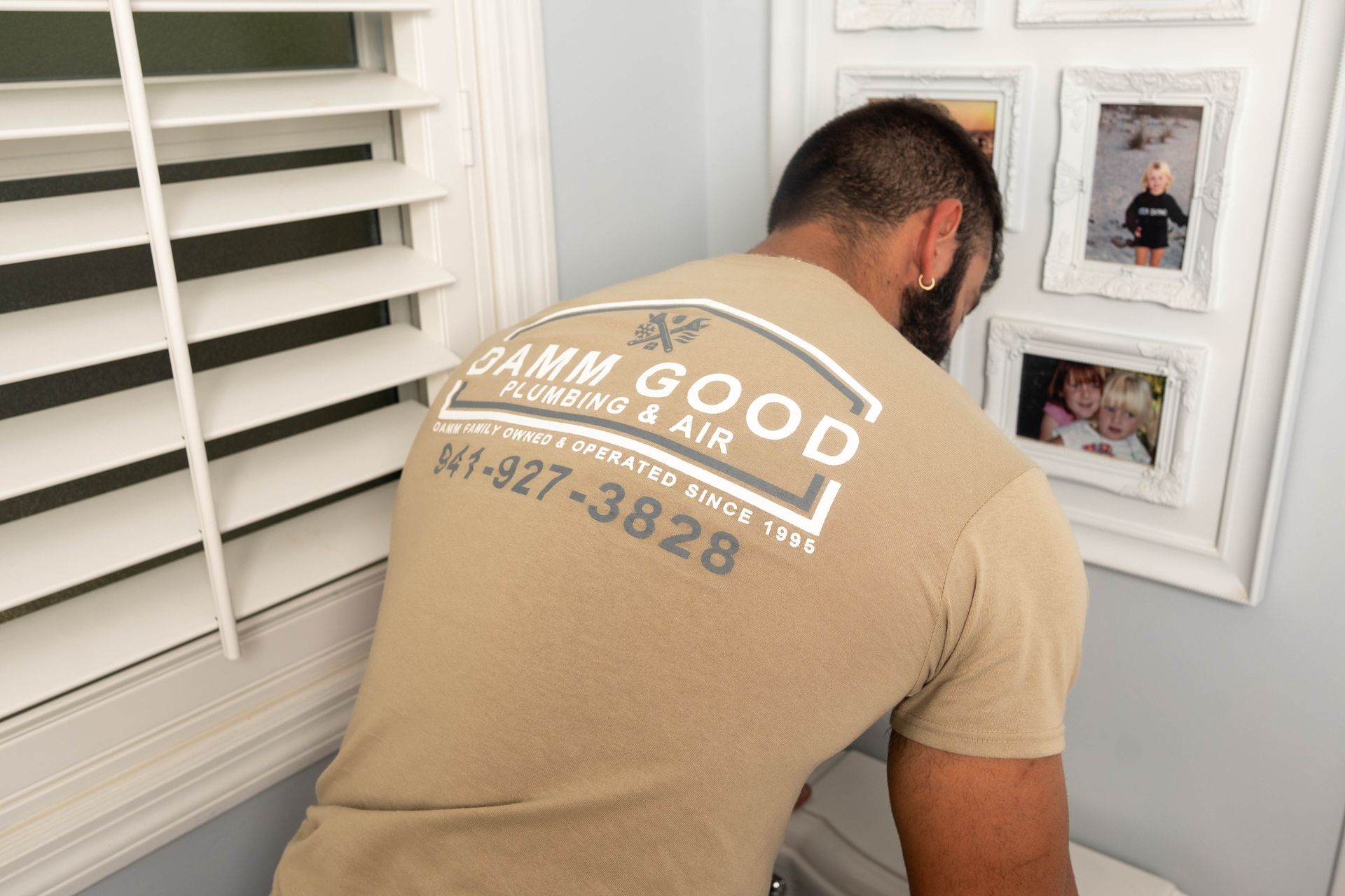 Man in tan shirt with 