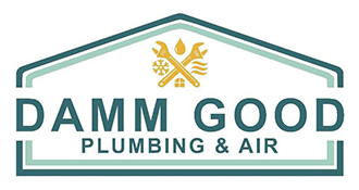 Logo for "Damm Good Plumbing & Air": green house frame with golden tools, text below.