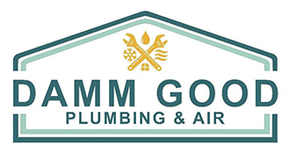Logo for "Damm Good Plumbing & Air": green house frame with golden tools, text below.