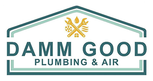Logo for "Damm Good Plumbing & Air": green house frame with golden tools, text below.