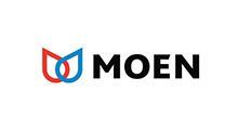 Logo for Moen. Two overlapping teardrop shapes in blue and red. 