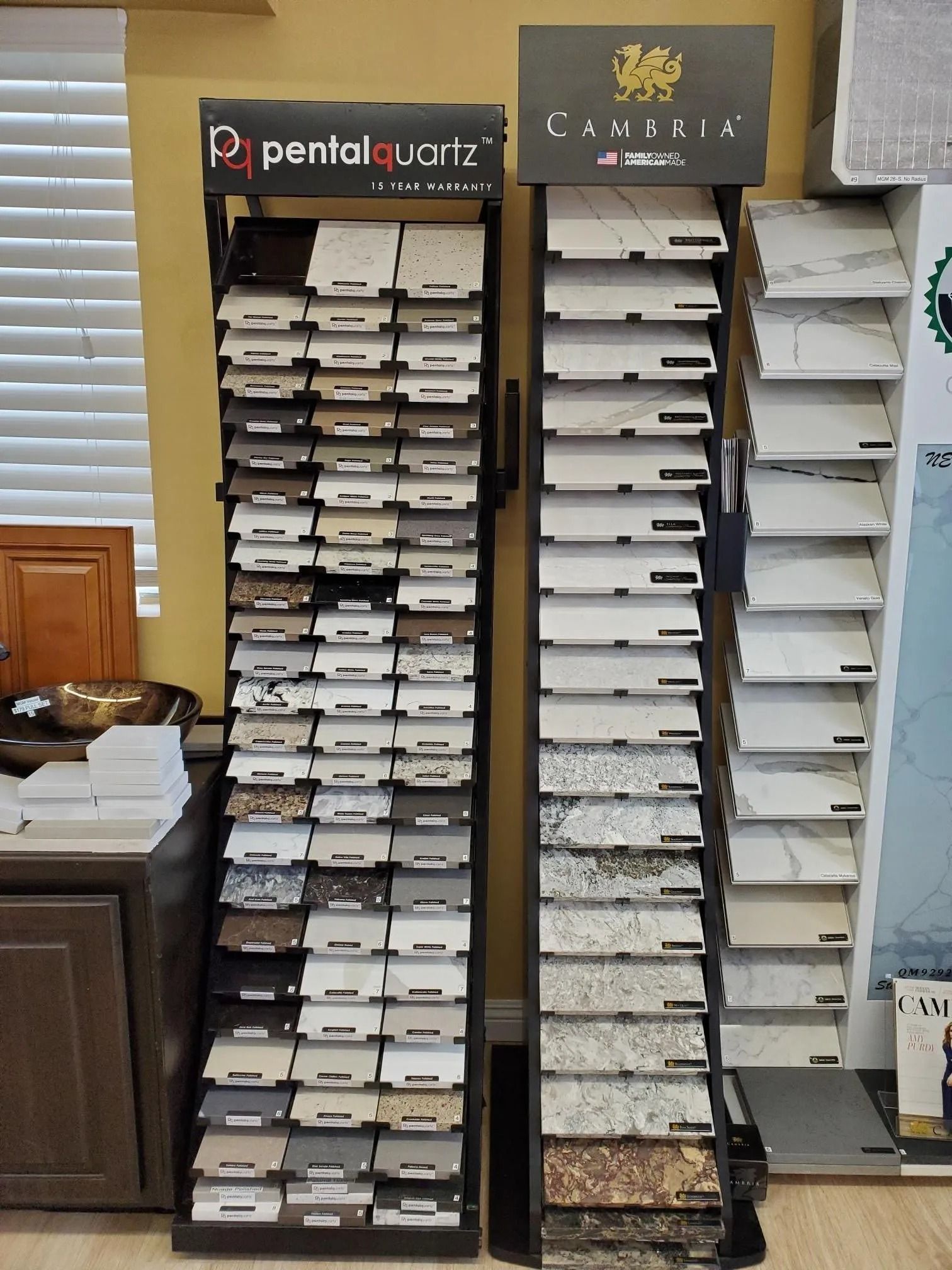 A display of different types of granite in a store