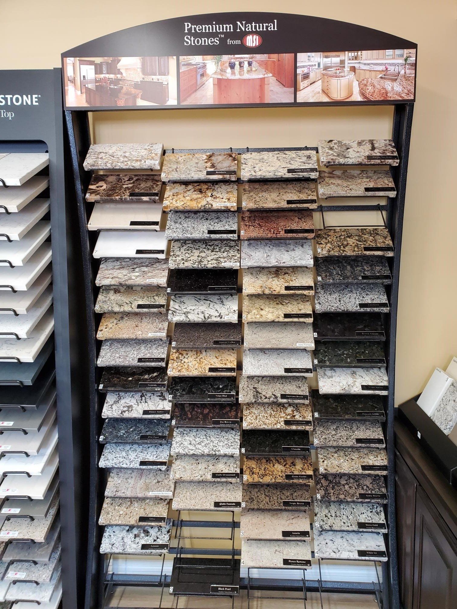 A display of granite counter tops in a store