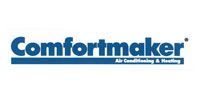 The logo for comfortmaker air conditioning and heating is blue and white.
