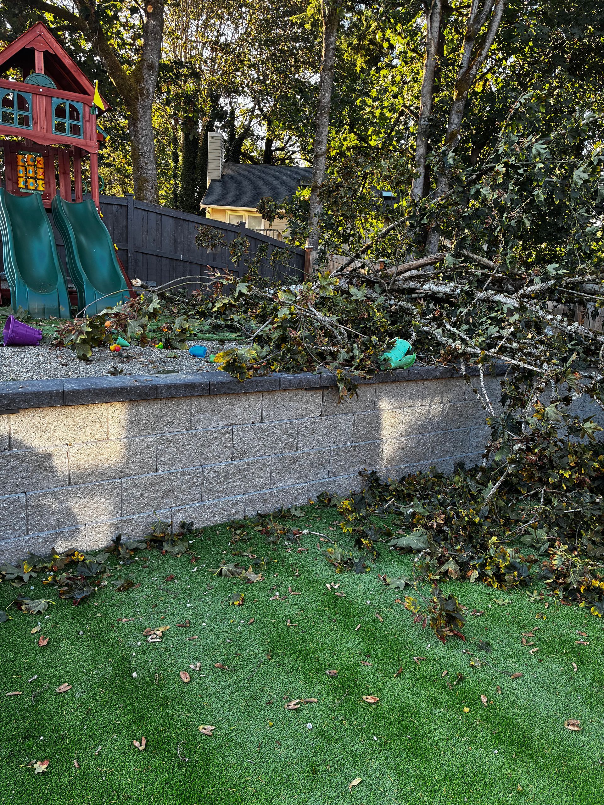 Backyard with stone wall, fallen leaves, green turf, playground, and trees.