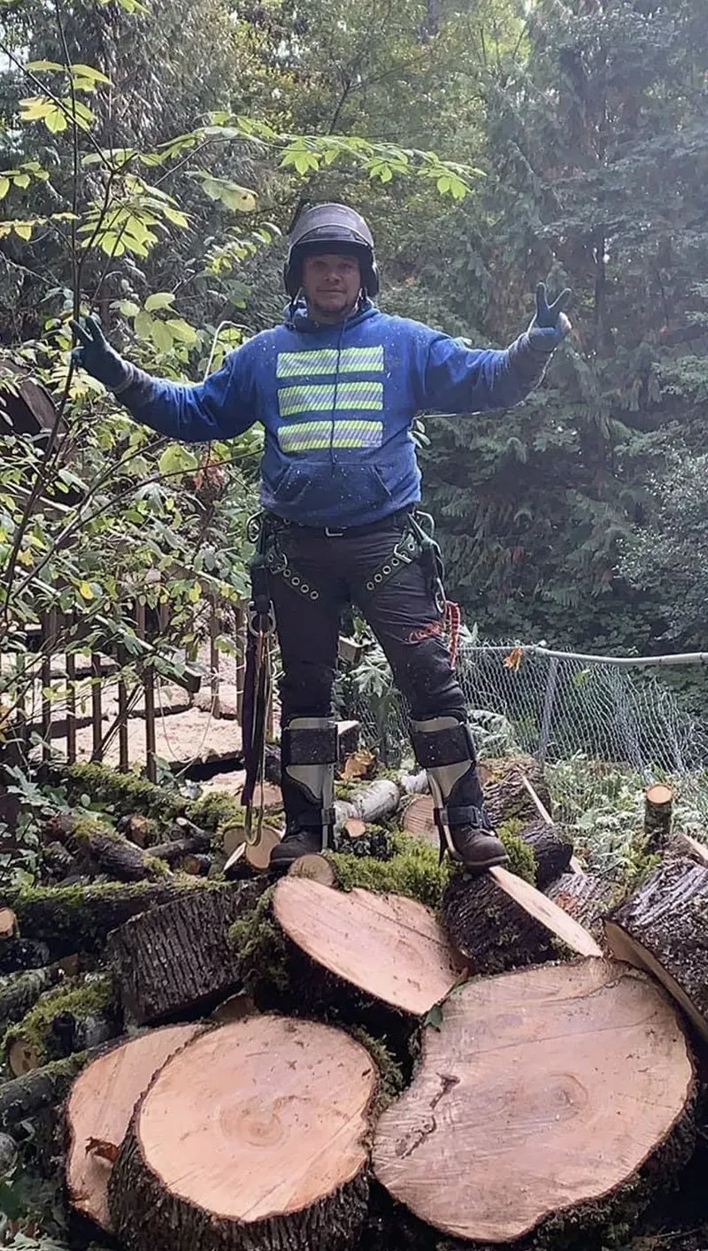 Arborist in blue hoodie stands on a pile of wood, arms raised in a forest setting.