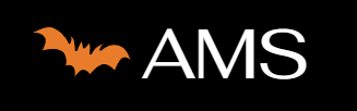 An ams logo with an orange bat on a black background
