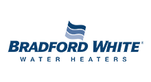 Bradford White Water Heaters logo with blue text and a flag symbol.