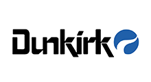 Logo for Dunkirk, text in black with a stylized blue circle and wave.