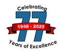 A logo for celebrating 77 years of excellence with a red ribbon.