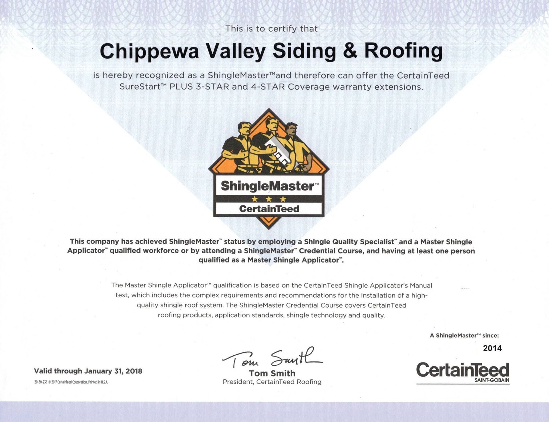 CertainTeed ShingleMaster certificate