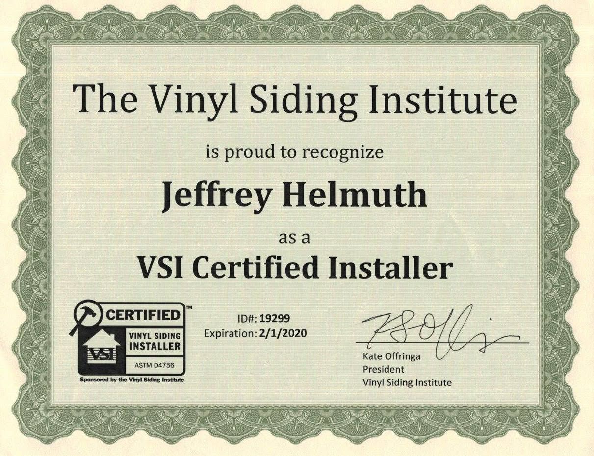 Vinyl Siding Institute certificate