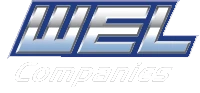 A blue and silver logo for Wel companies on a white background.