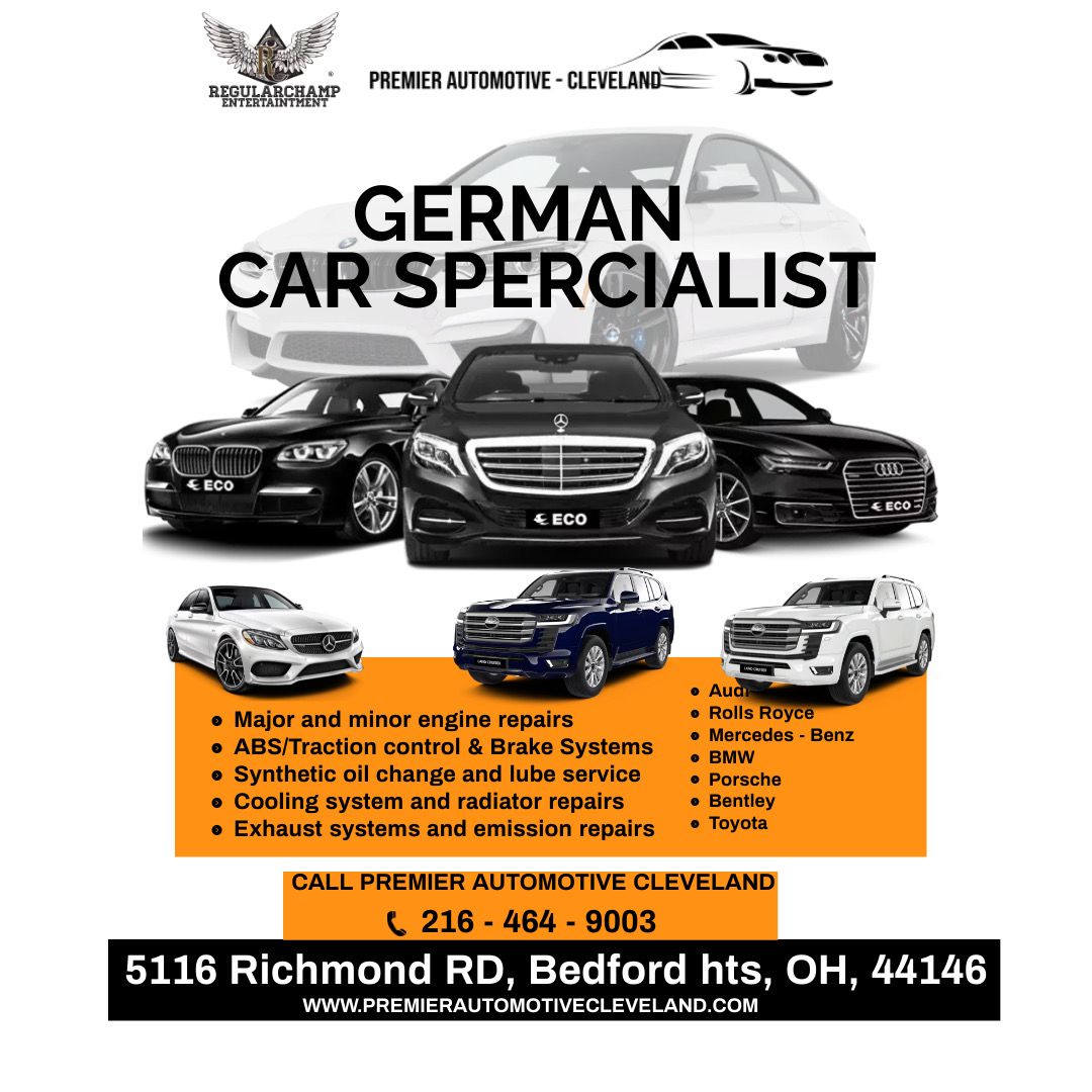 a poster for a German car specialist with a bunch of cars on it