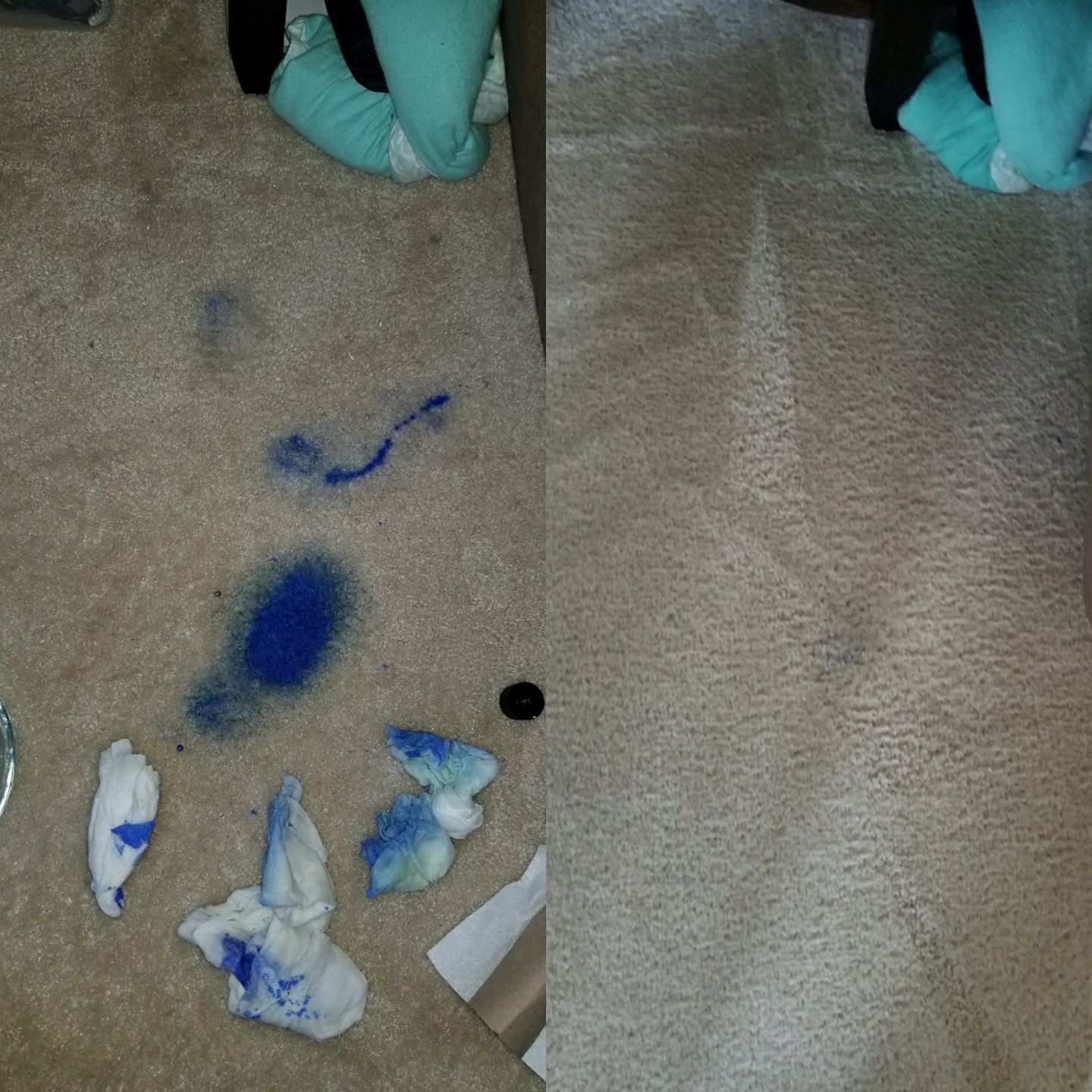 compares ink-stained carpet with carpet after cleaning