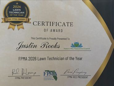 Certificate award for Justin Rooks, FPMA 2026 Lawn Technician of the Year, with gold seal and signatures