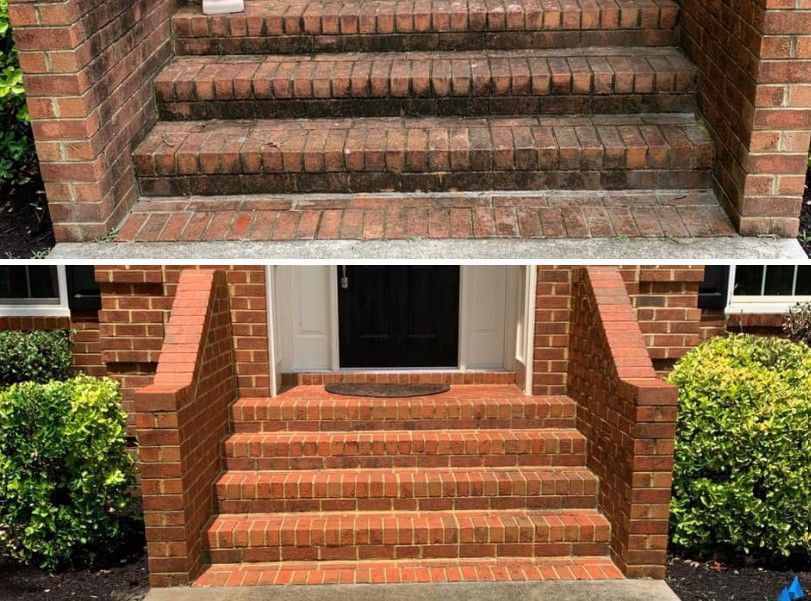 Brick steps before and after cleaning, showing restoration from mold and grime.