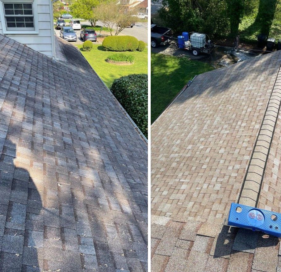 Before and after of a roof cleaning. Left side shows a dirty roof. Right side, the roof is clean with a blue cleaning apparatus.