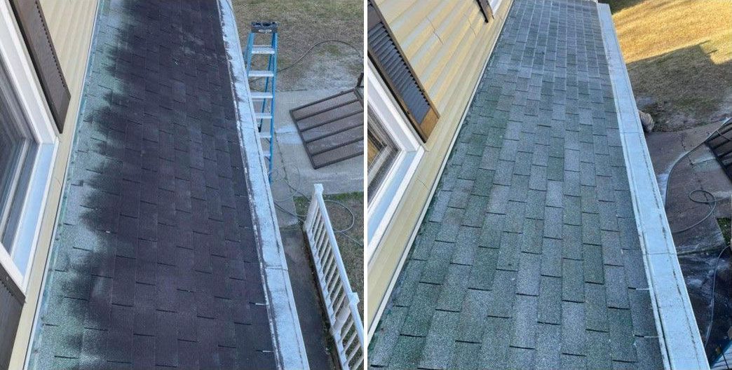 Before and after of a roof cleaning; dark, dirty shingles on the left, clean, light-colored shingles on the right.