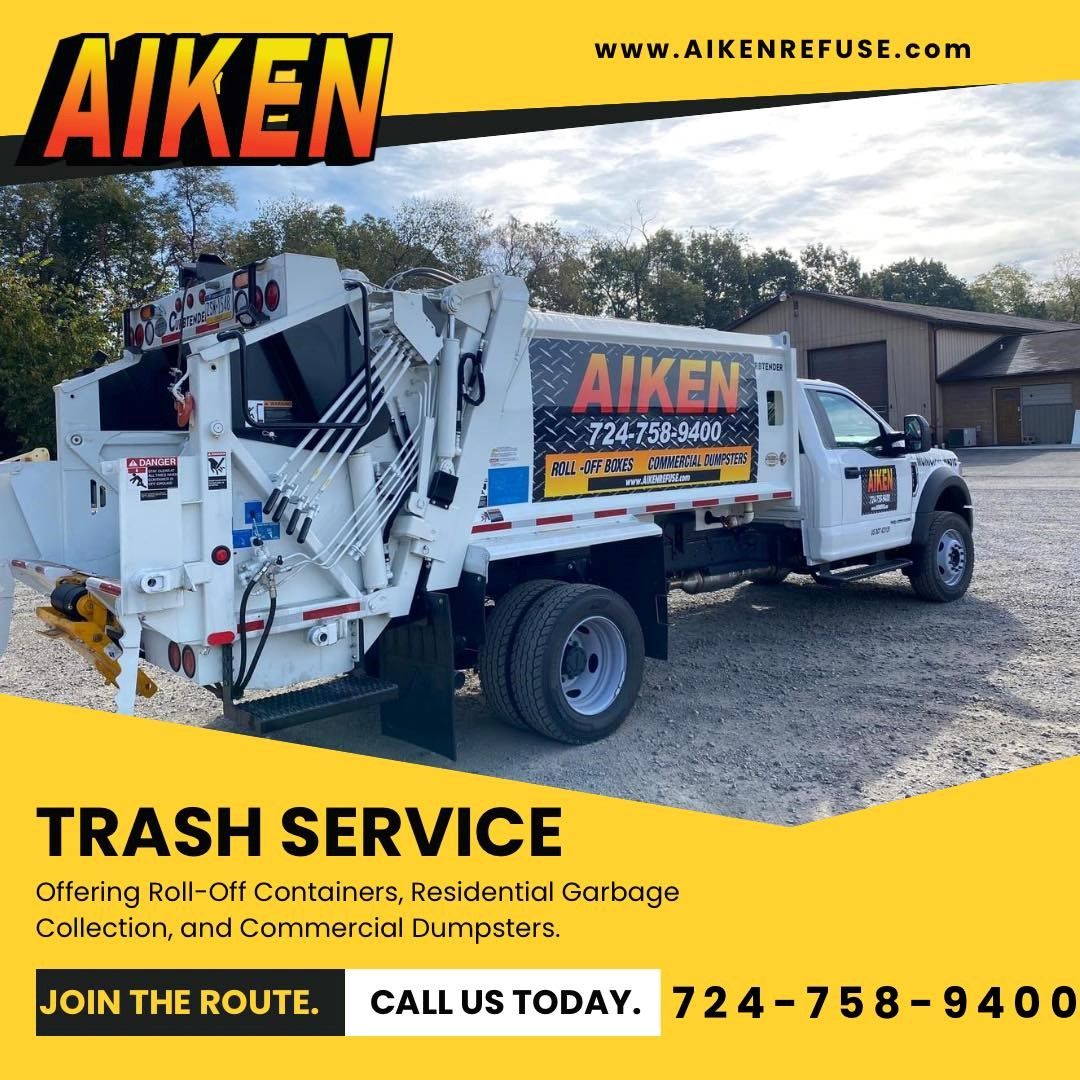 An advertisement for a trash service company called aiken