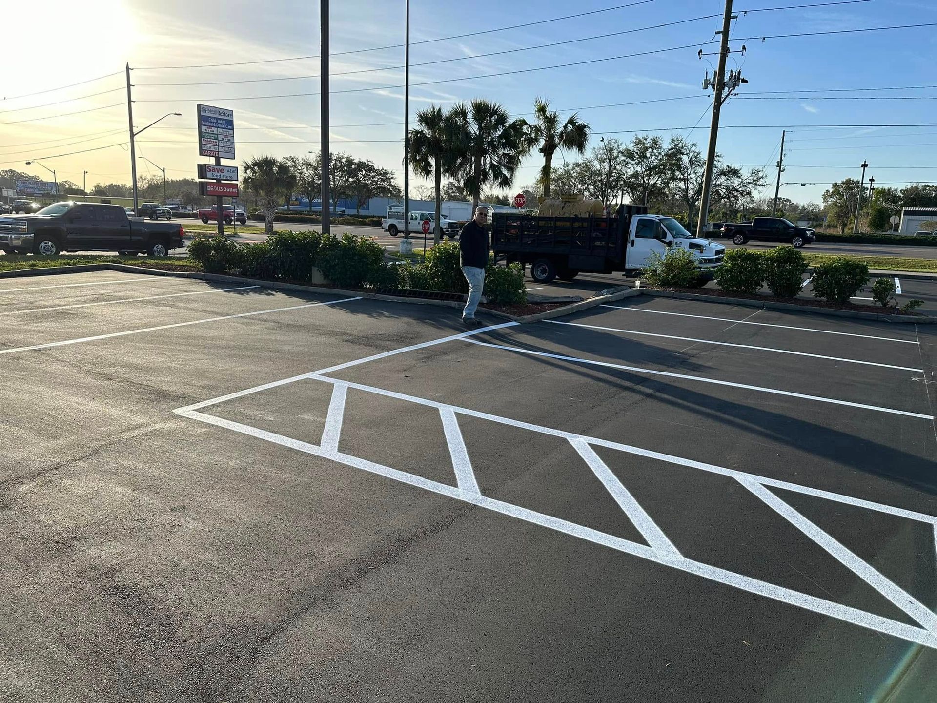 Sunlit parking lot with white crosswalk markings, palm trees, and parked cars near a roadway