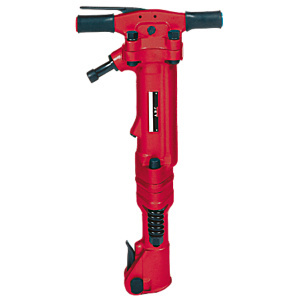 A red pneumatic jackhammer shown against a white background.