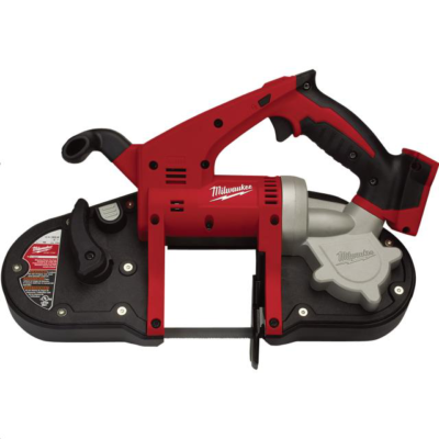 A red and black Milwaukee cordless portable band saw isolated on a white background.