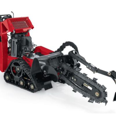 A red, tracked walk-behind trencher with a heavy-duty digging chain and auger on a white background.